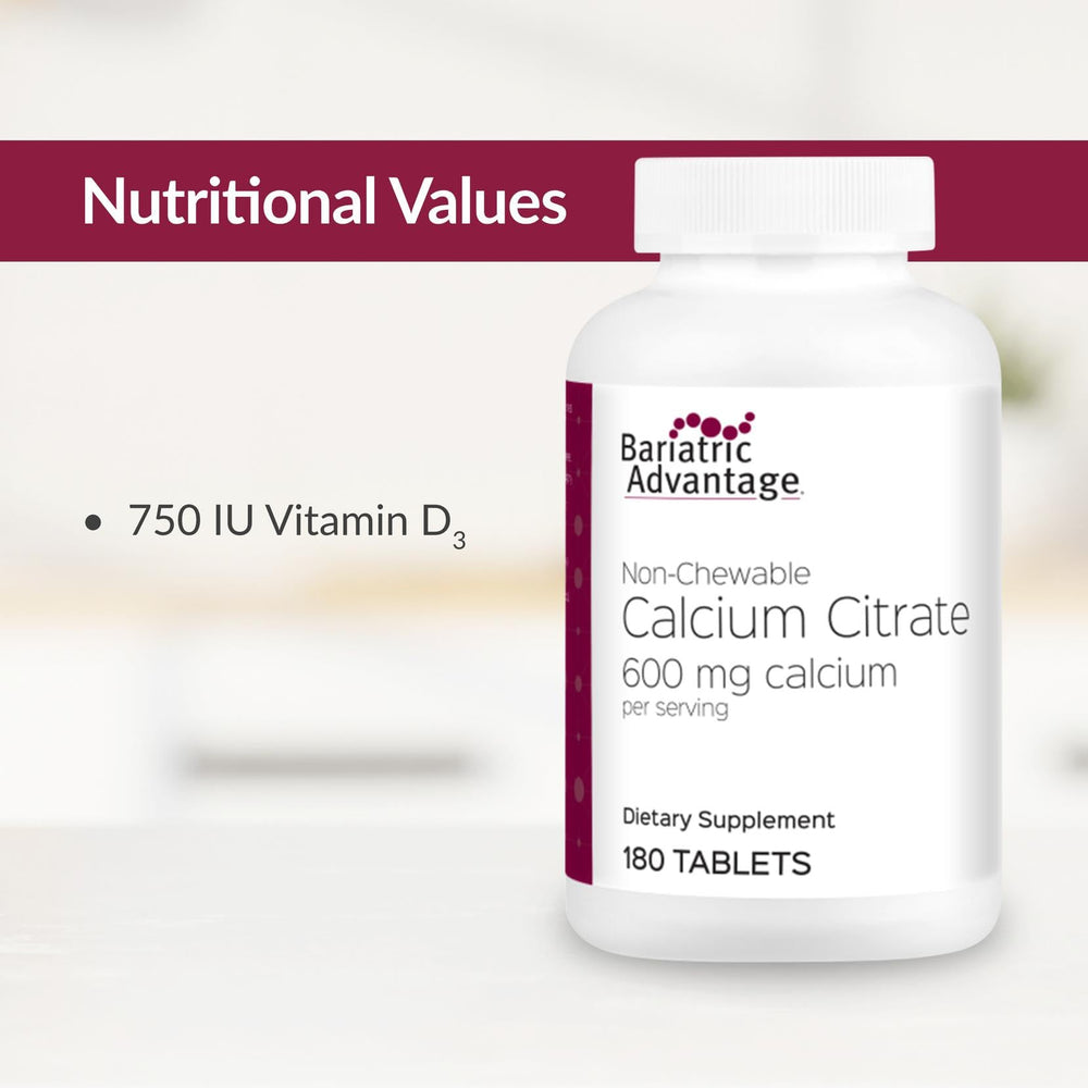 Bariatric Advantage packaging side view of the calcium citrate 600 mg bottle.
