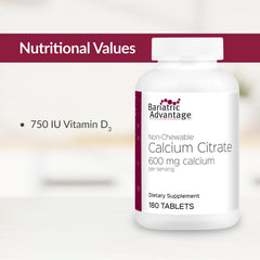 Bariatric Advantage packaging side view of the calcium citrate 600 mg bottle.
