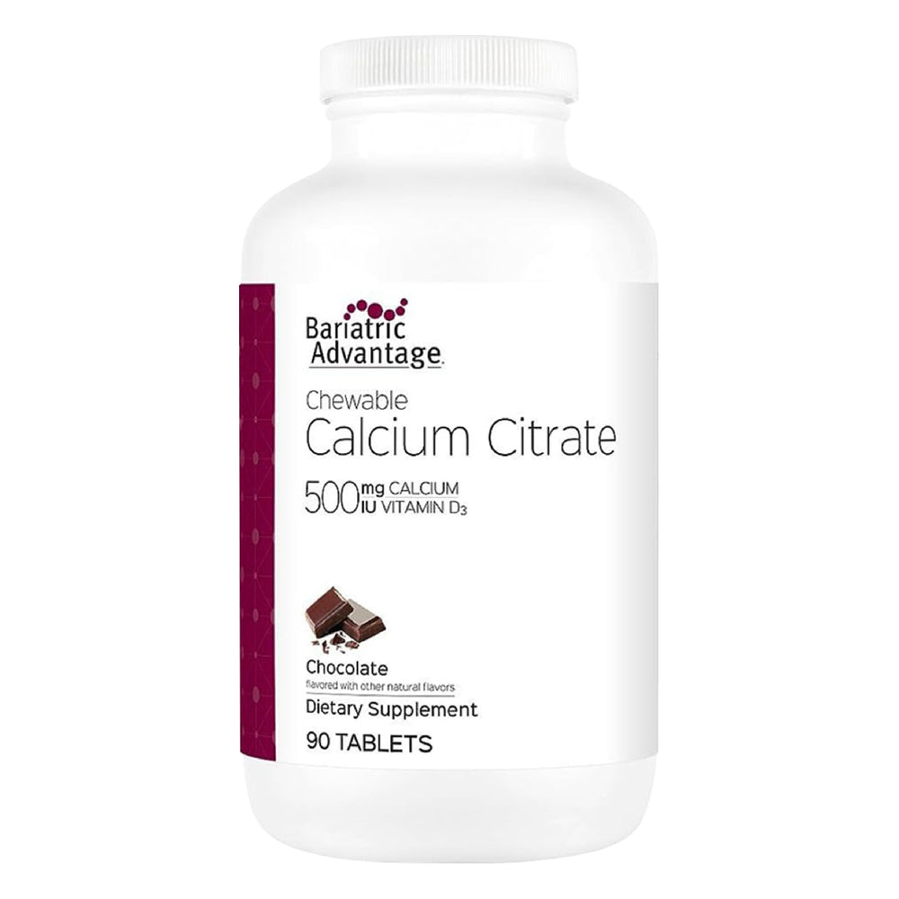 Bariatric Advantage calcium citrate chewable bottle close-up showing bone support potential.