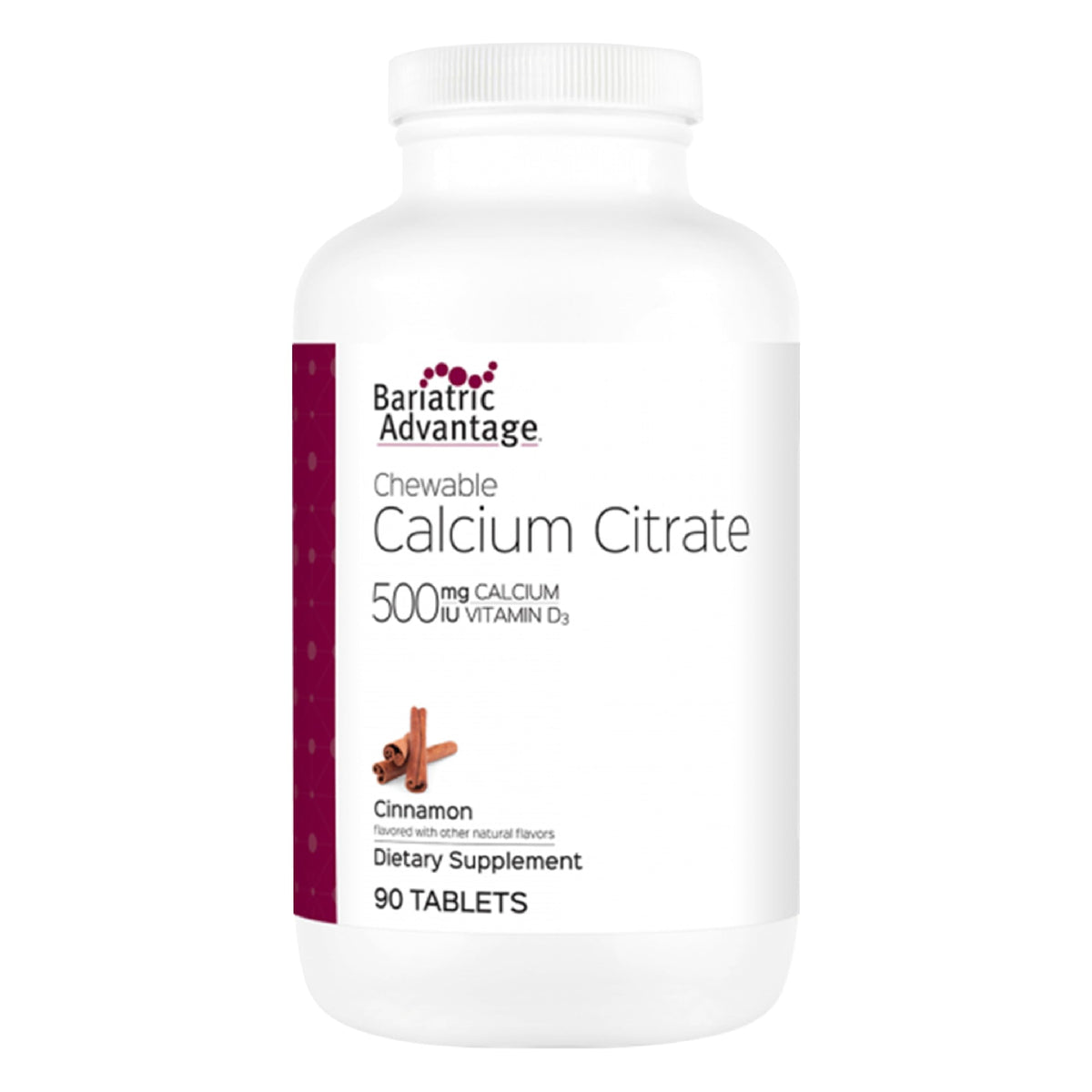 Bariatric Advantage calcium citrate chewable bottle showing cinnamon flavor and 90-count package