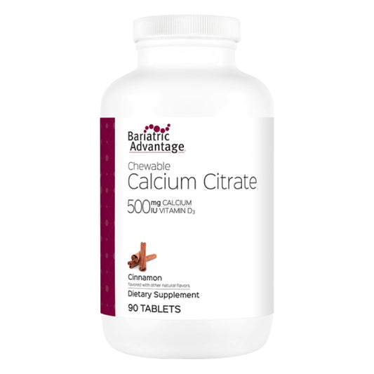Bariatric Advantage calcium citrate chewable bottle showing cinnamon flavor and 90-count package