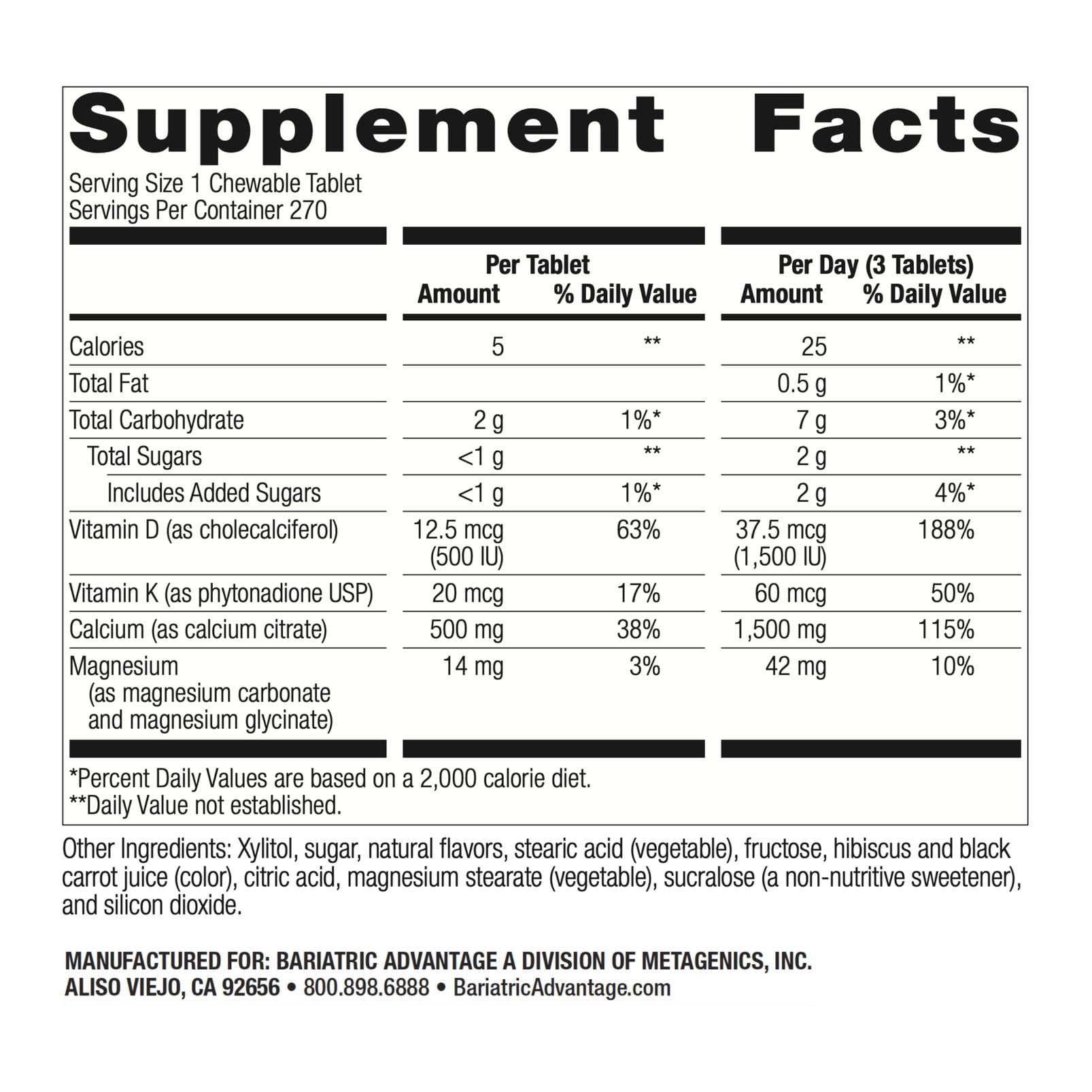 Bariatric Advantage bottle nutrition panel with magnesium glycinate and vitamin K for balance