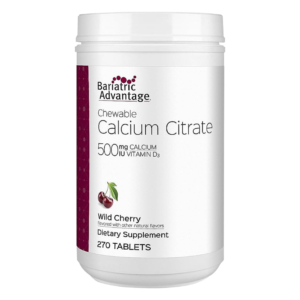 Bariatric Advantage calcium citrate chewable 500mg, wild cherry bottle front, convenient daily supplement