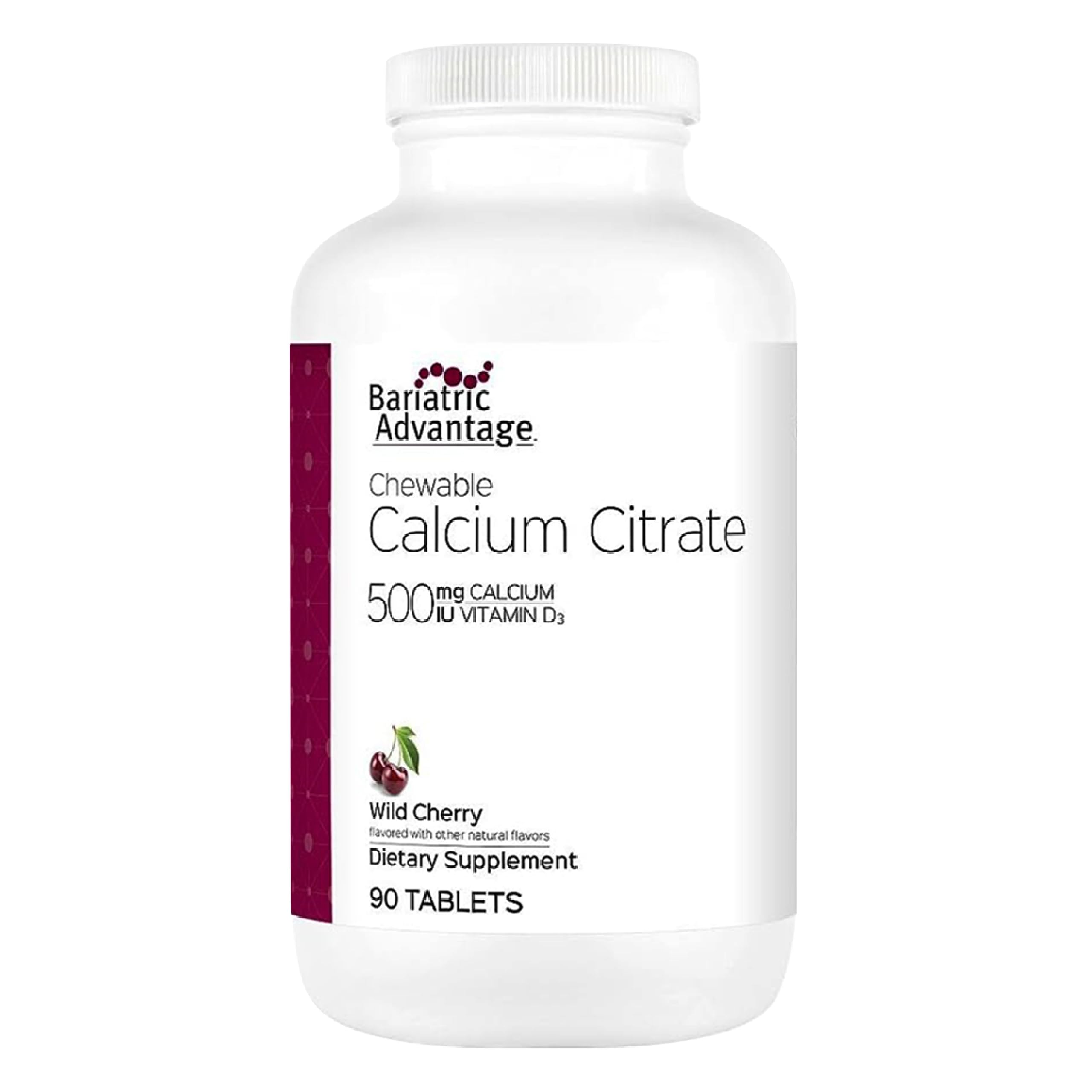 Bariatric Advantage calcium citrate chewable 500 mg, wild cherry—easy-digest tablets for bone support.
