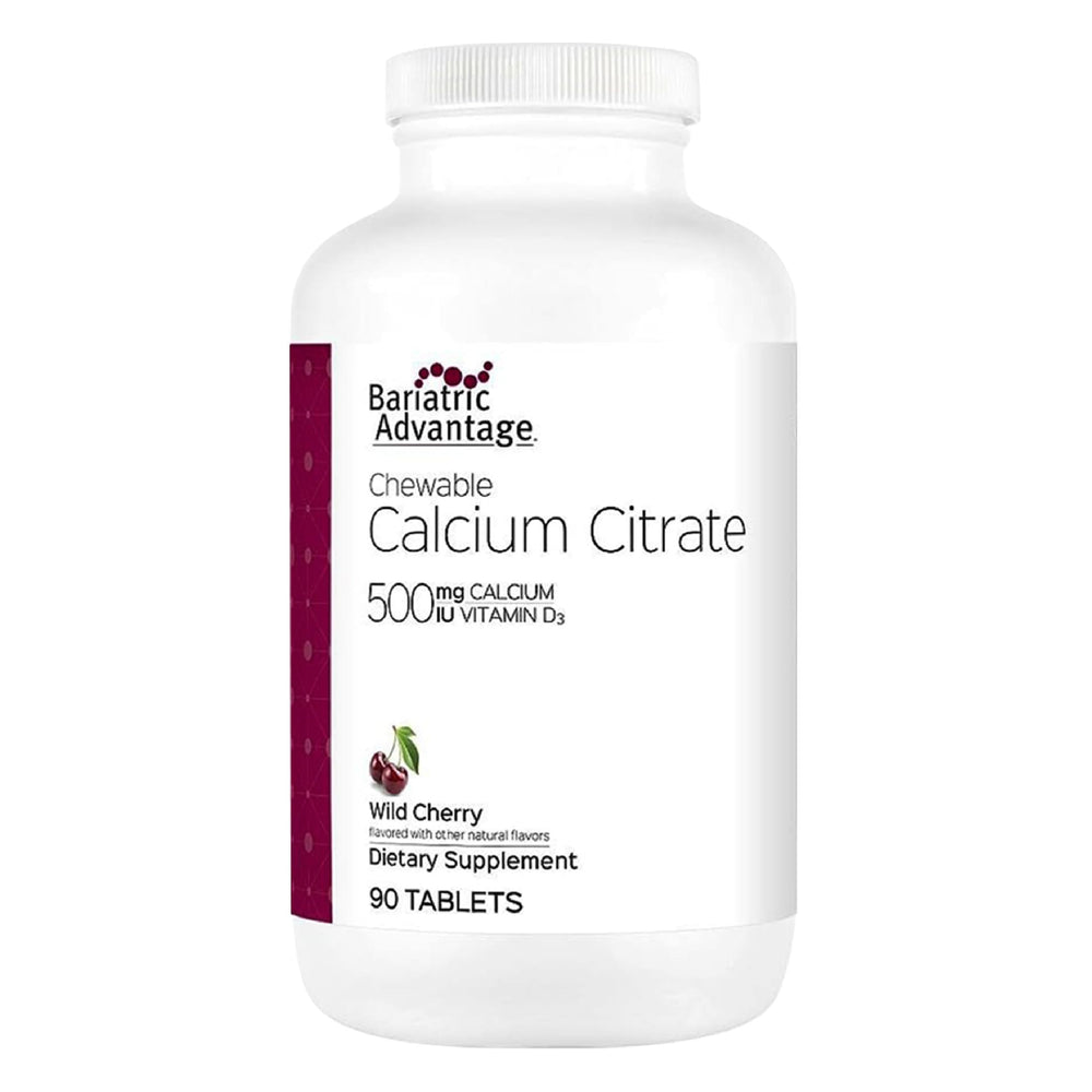 Bariatric Advantage calcium citrate chewable 500 mg, wild cherry—easy-digest tablets for bone support.
