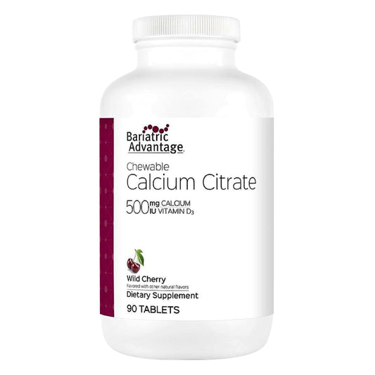 Bariatric Advantage calcium citrate chewable 500 mg, wild cherry—easy-digest tablets for bone support.