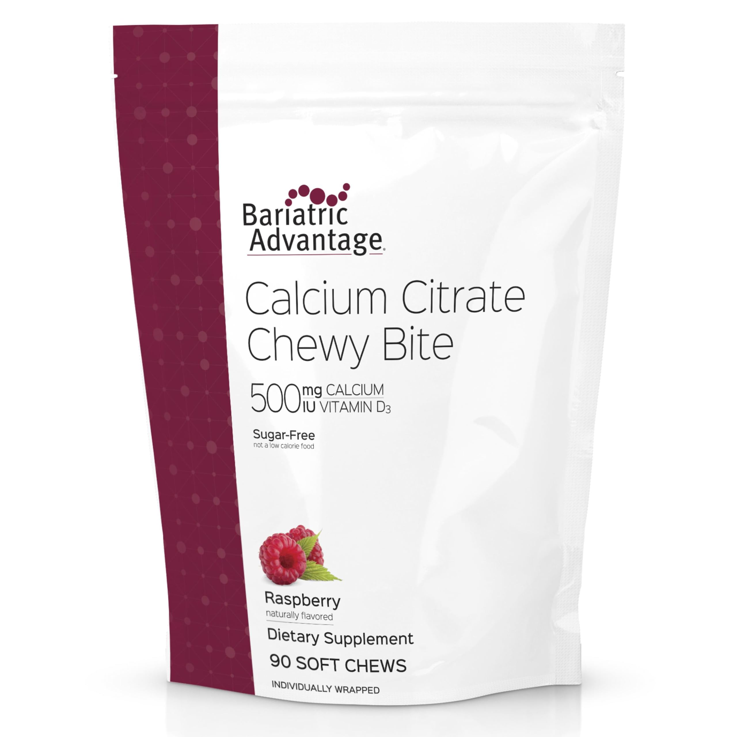 Bariatric Advantage Calcium Citrate Chewy Bites bottle front for easy daily use.