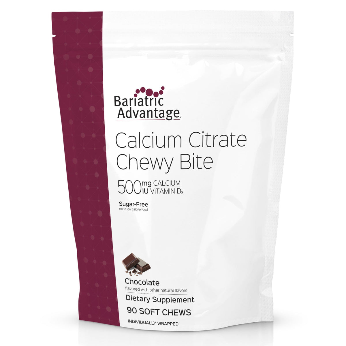 Bariatric Advantage Calcium Citrate Chewy Bites bottle front with calcium citrate and vitamin D3.