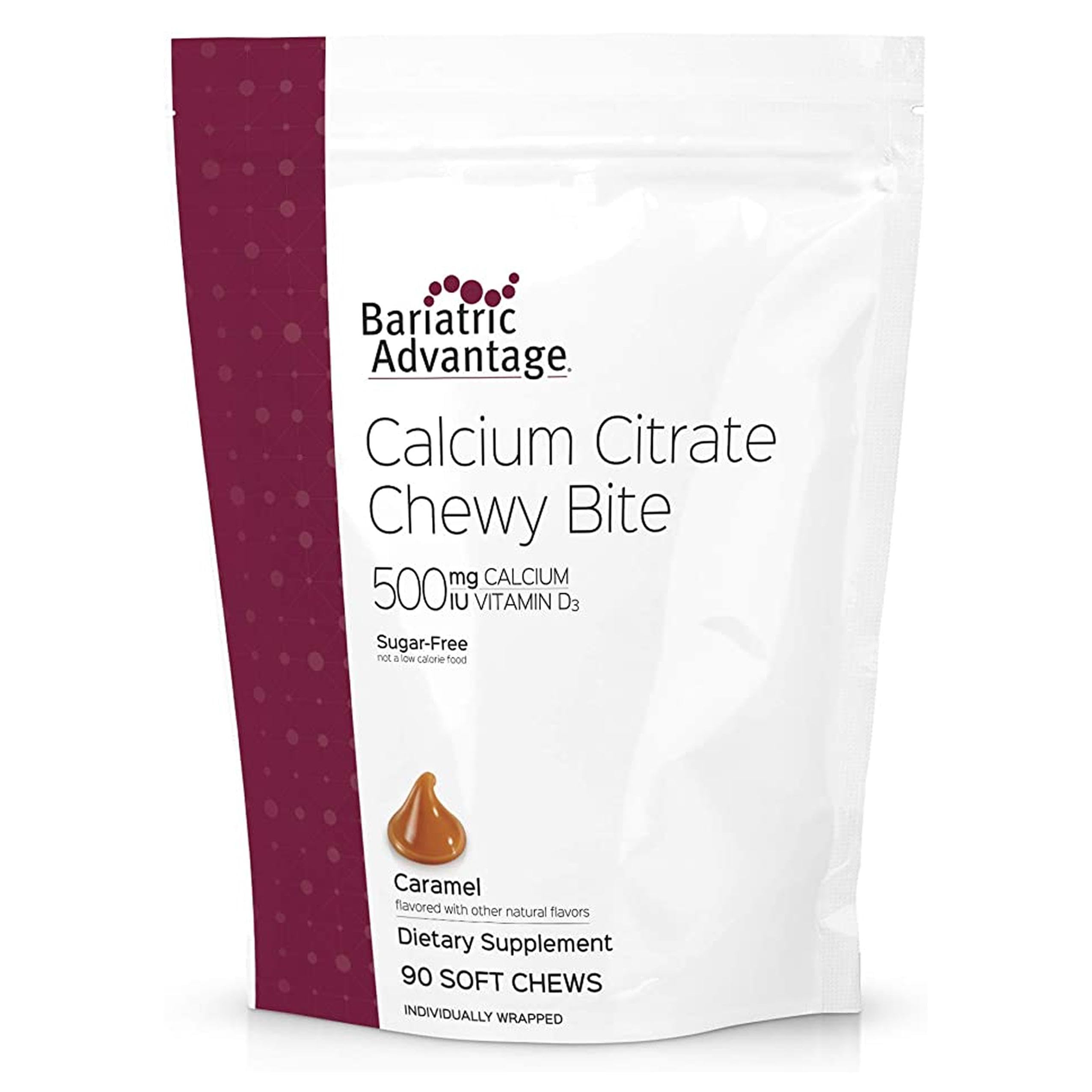 Bariatric Advantage Calcium Citrate Chewy Bites bottle showing convenient, highly absorbable calcium.