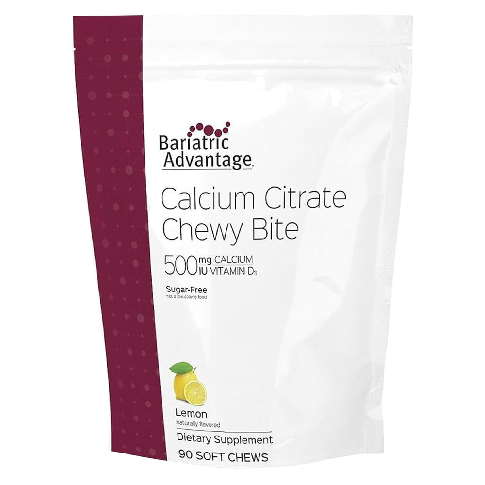 Bariatric Advantage calcium citrate chewy bites lemon flavor front view, easy to chew.