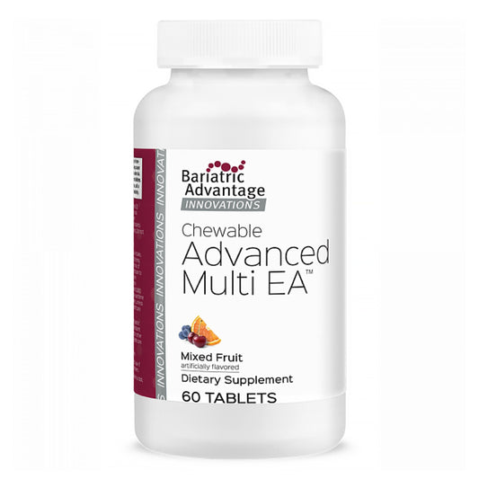 Bariatric Advantage mixed-fruit bottle with chewable multivitamins for daily nutrients.
