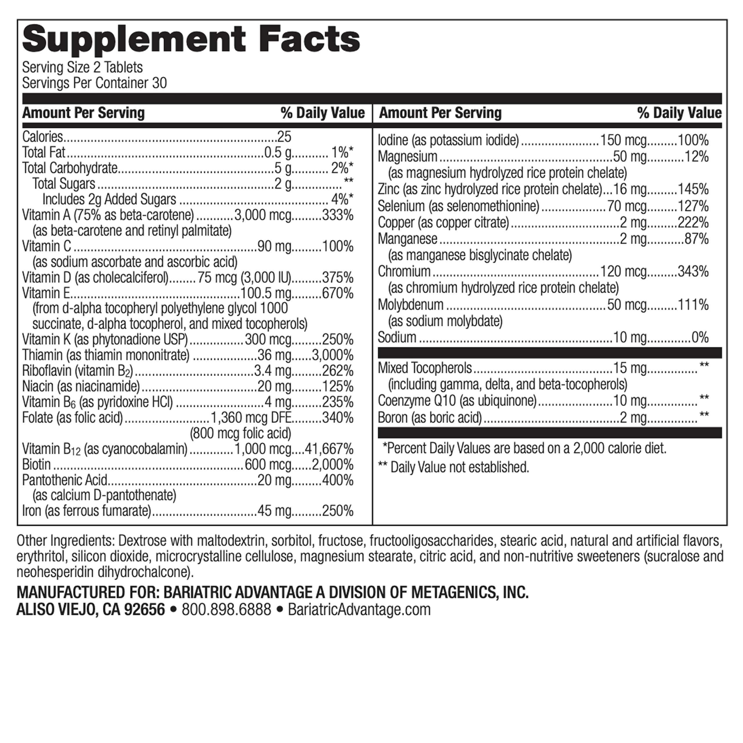 Bariatric Advantage mixed-fruit tablets, two-tablet daily dose for comprehensive micronutrient support.