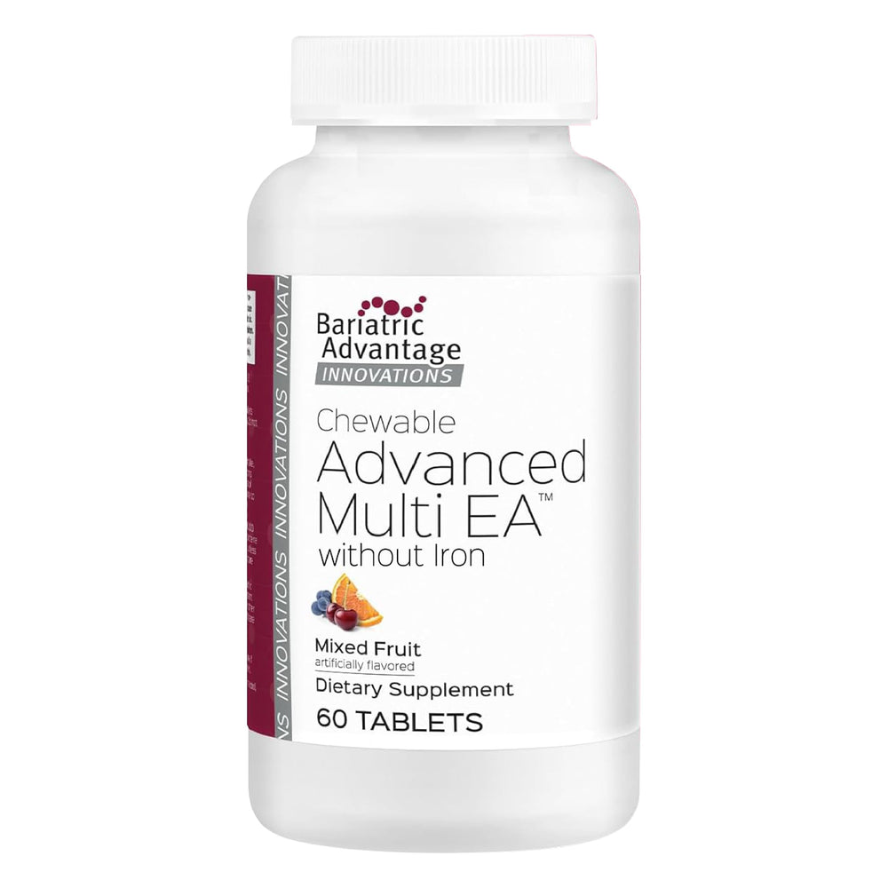 Bariatric Advantage chewable advanced multi EA without iron front label highlighting mixed fruit flavor and key nutrients