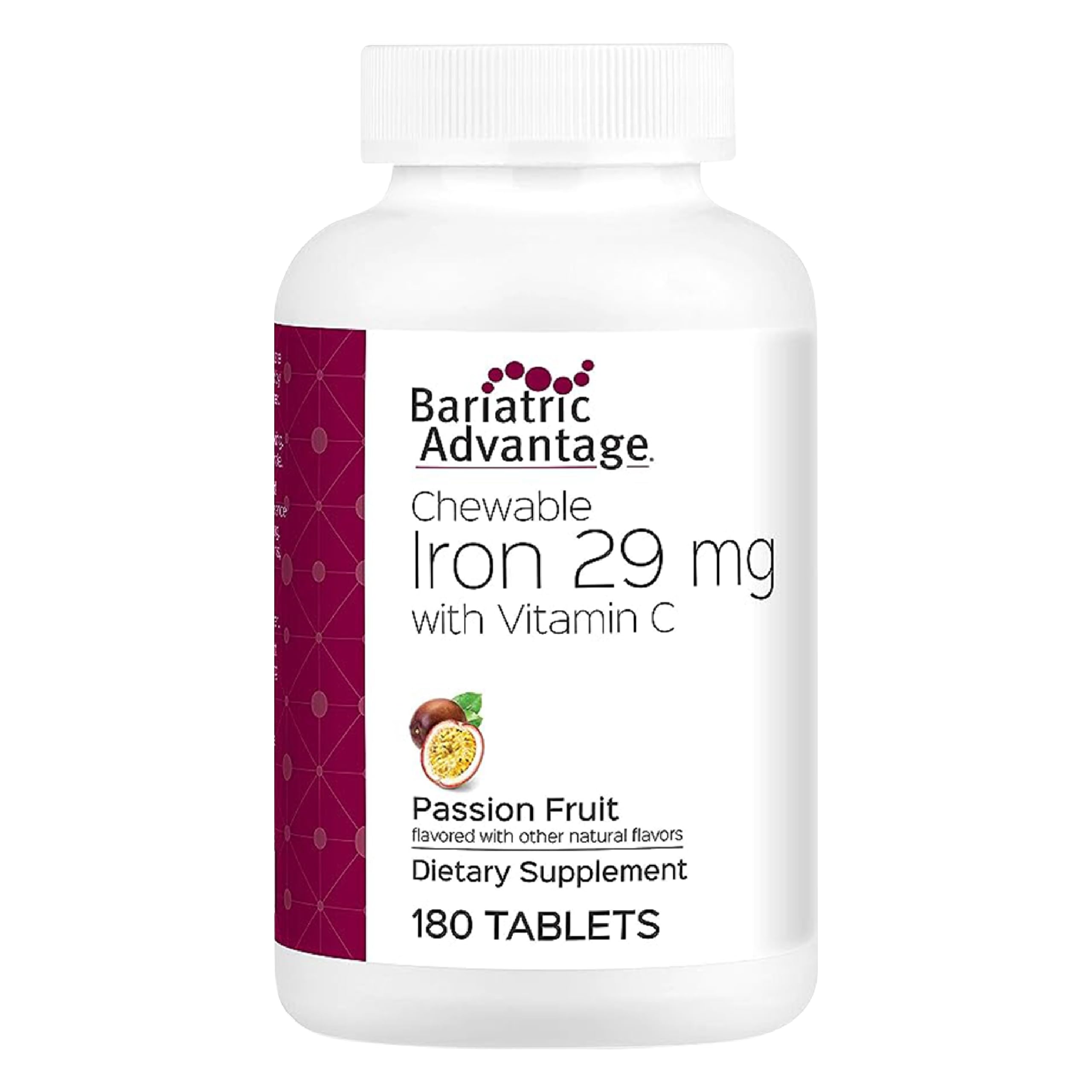 Bariatric Advantage chews in passion-fruit bottle highlighting daily iron supplementation.