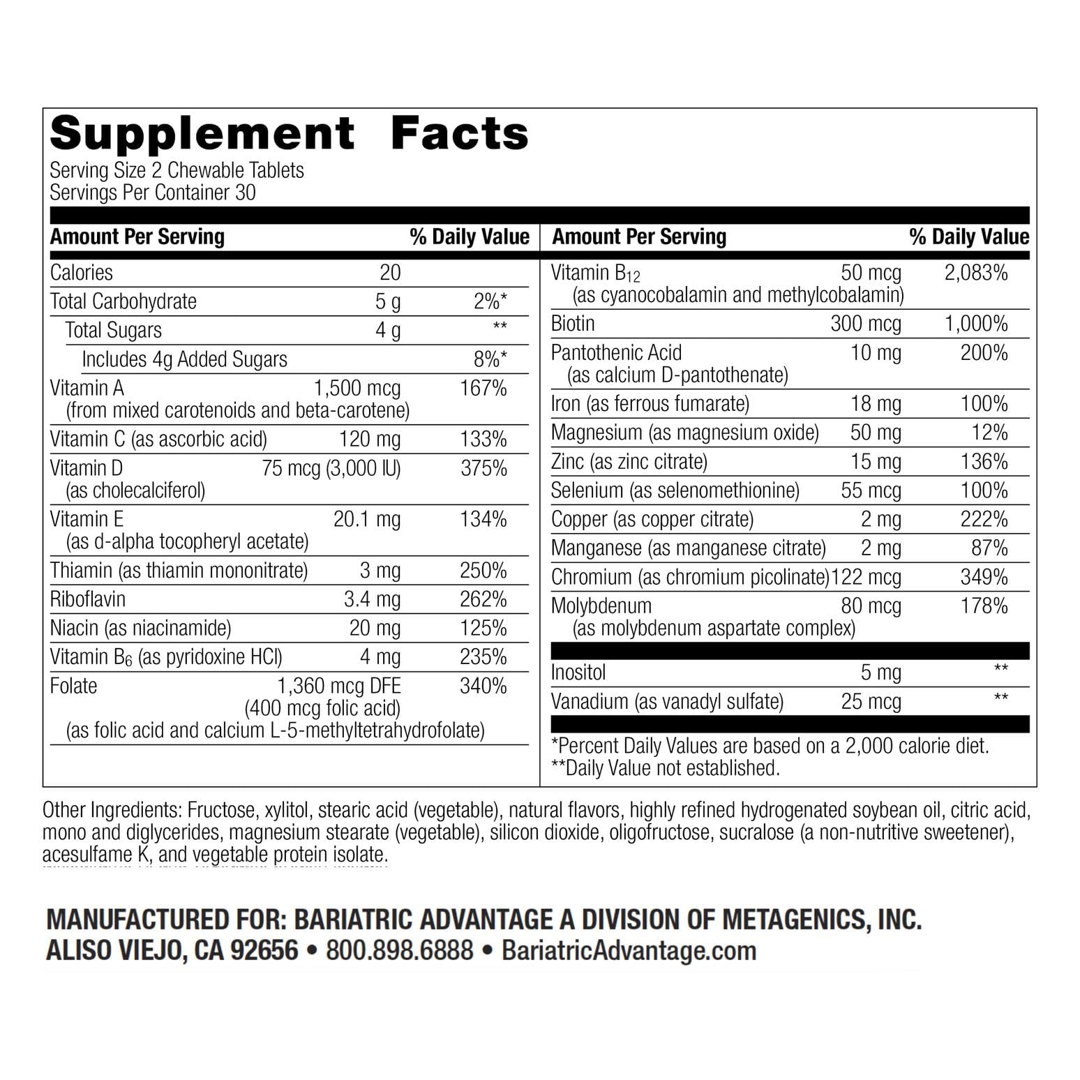 Label of Bariatric Advantage Chewable Multi RP showing 100% DV information.