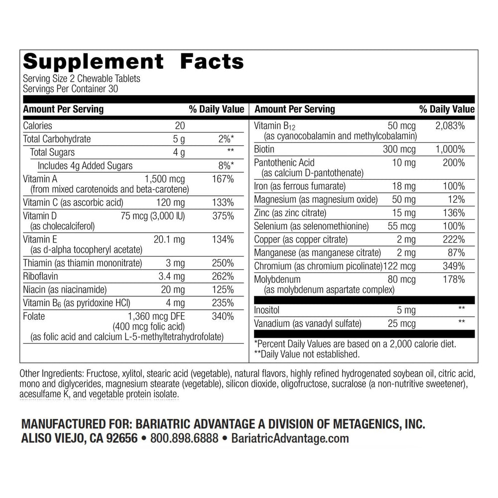 Label of Bariatric Advantage Chewable Multi RP showing 100% DV information.