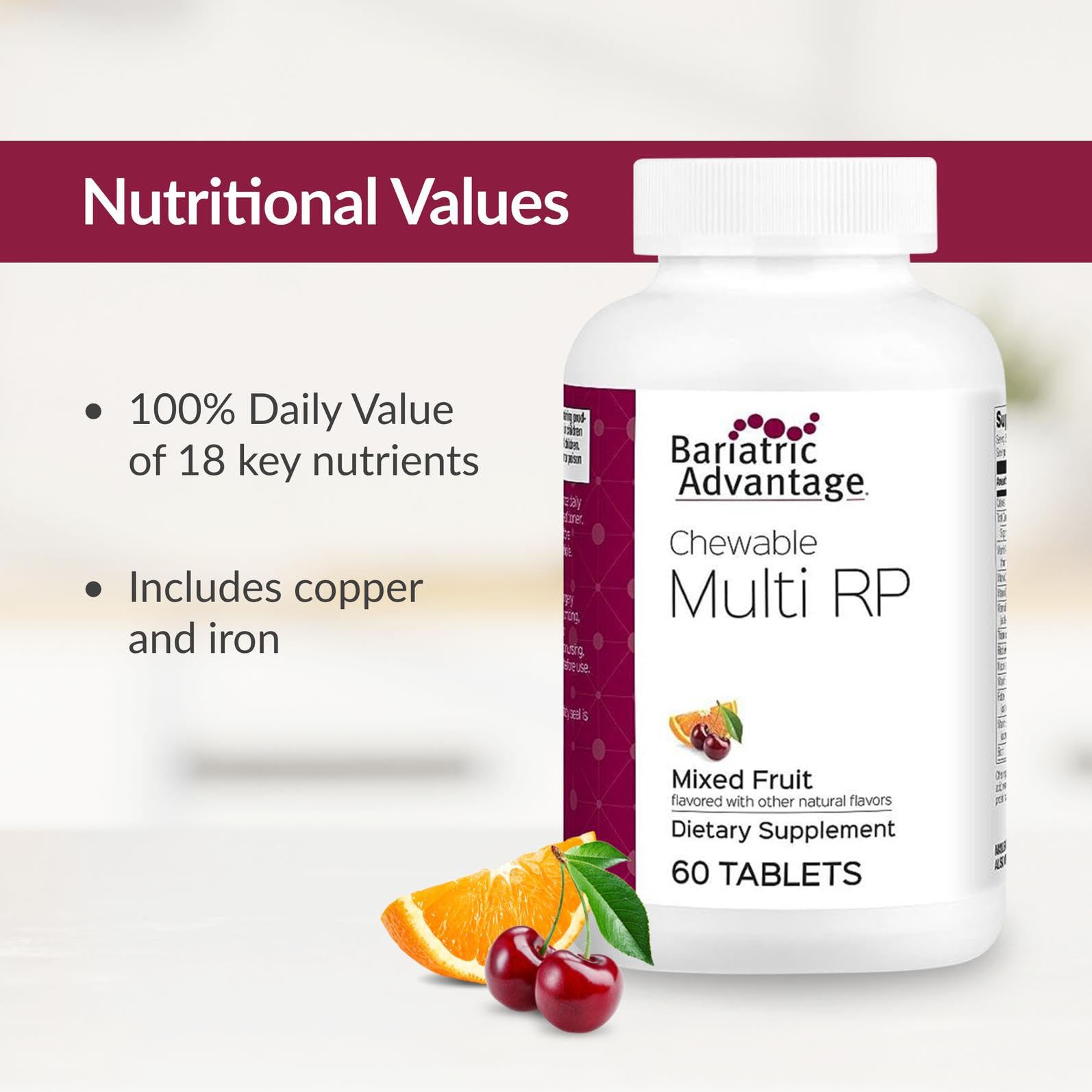 Tablets of Bariatric Advantage Chewable Multi RP with iron and zinc visible.