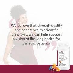 Bariatric Advantage chewable tablet text closeup highlighting iron-free daily nutrition