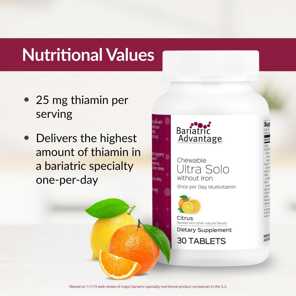 Bariatric Advantage Ultra Solo chew texture closeup showcases easy-to-chew citrus tablet.