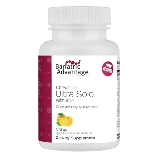 Bariatric Advantage Ultra Solo with Iron bottle shows convenient daily chewable multivitamin.