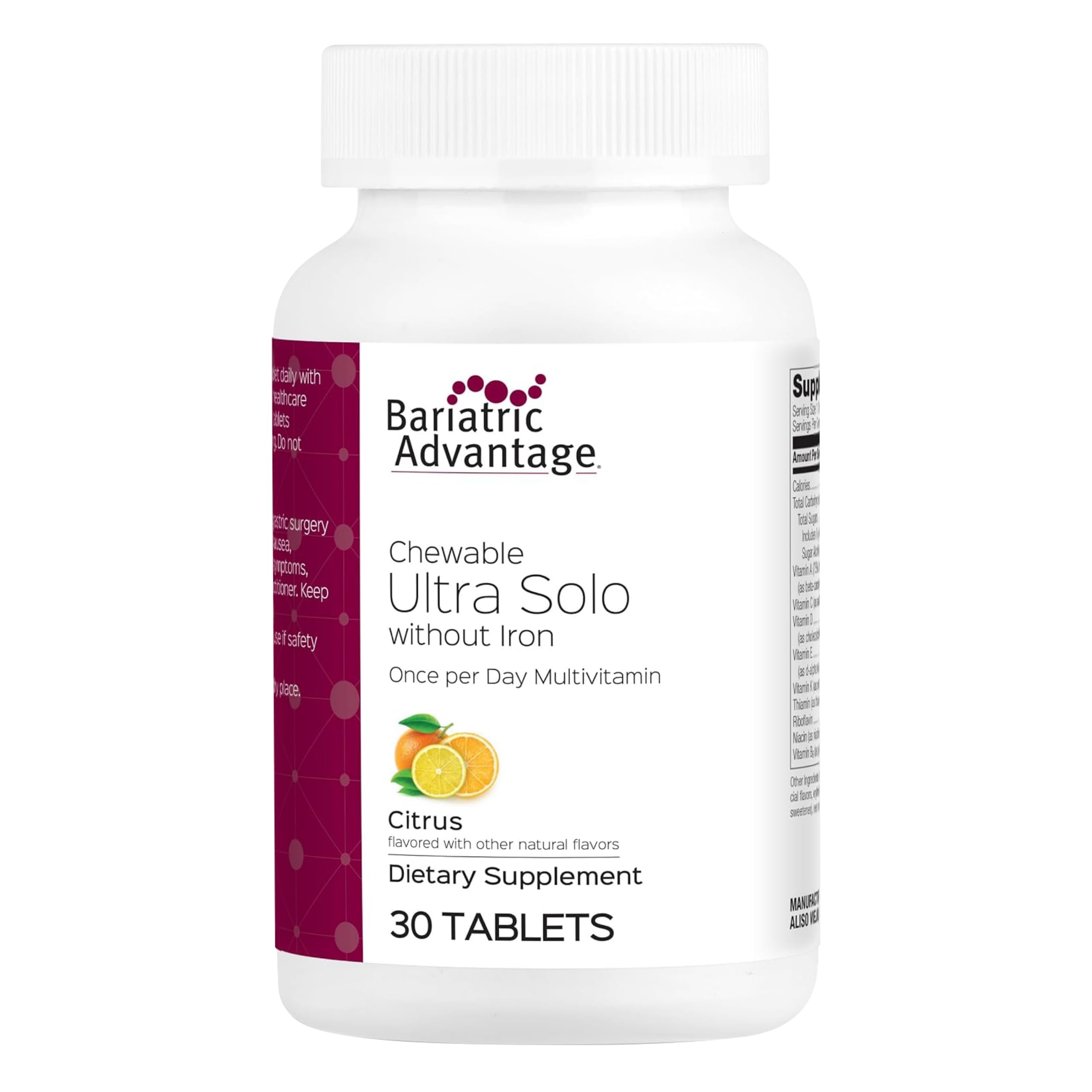 Bariatric Advantage Chewable Ultra Solo without Iron, citrus, 30-count bottle front supports daily nutrition.