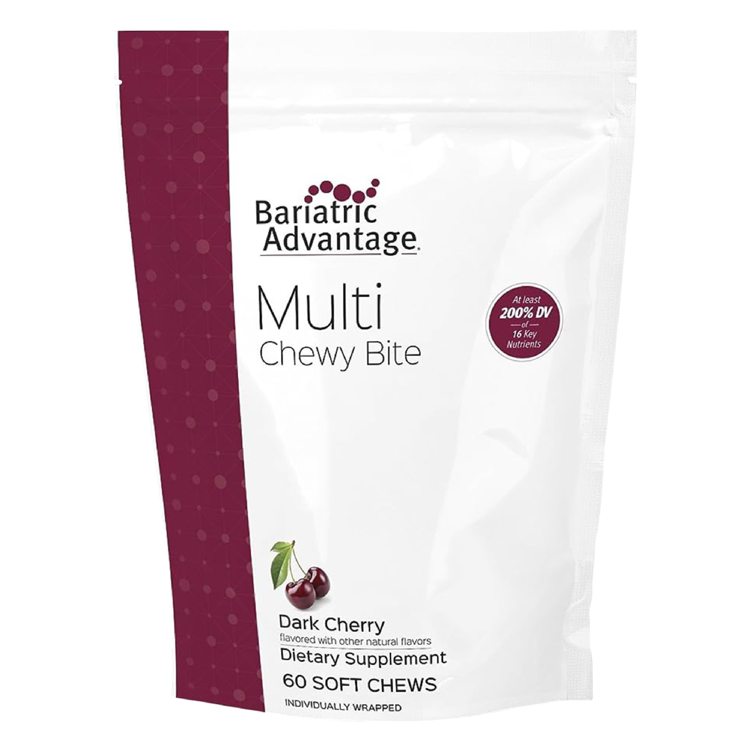 Bariatric Advantage Multi Chewy Bite dark cherry bottle supports daily nutrient intake