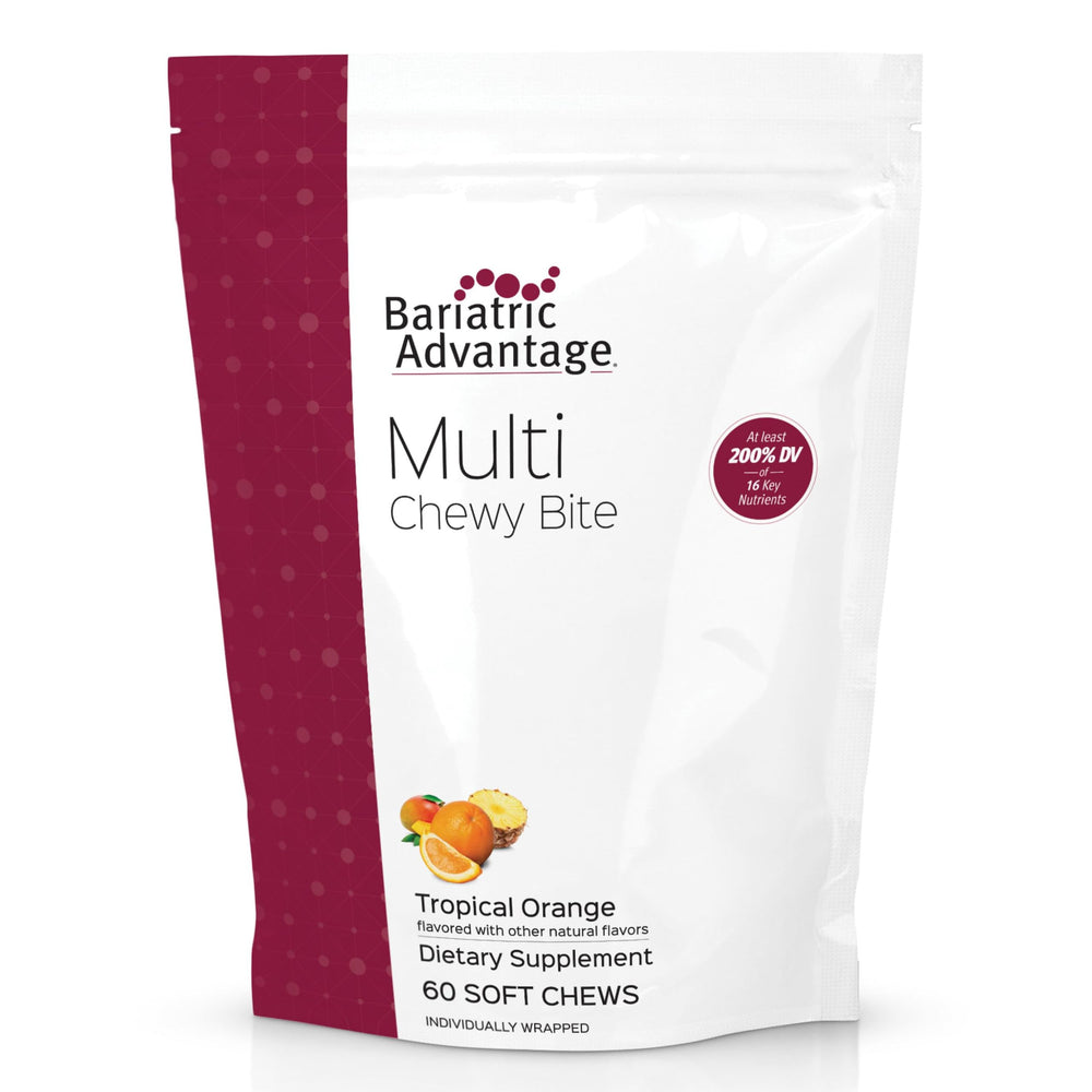 Bariatric Advantage Multi Chewy Bite tropical orange bottle for easy daily vitamin support.