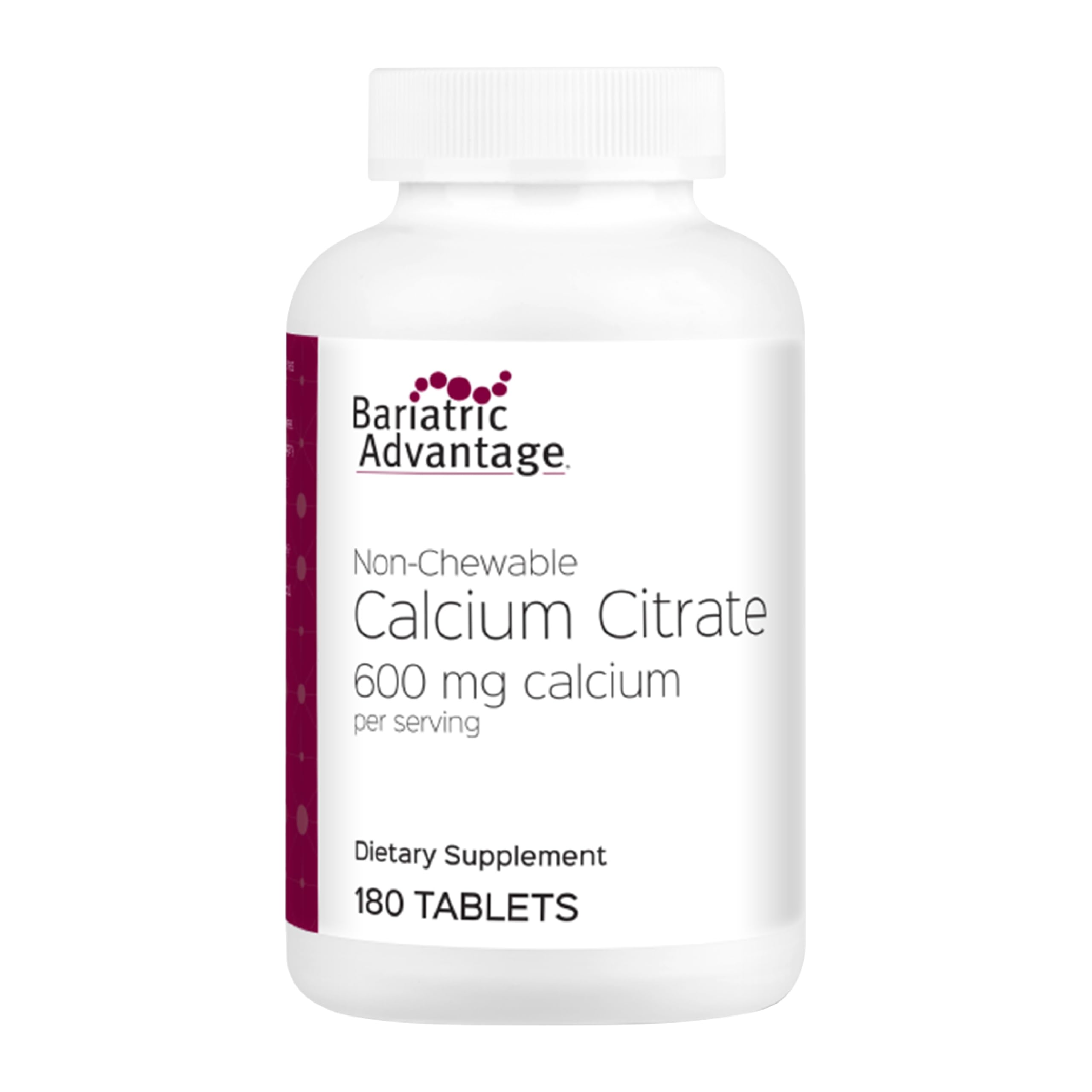 Bariatric Advantage non chewable calcium citrate 600 mg bottle showing easy-to-swallow tablets for bone support.