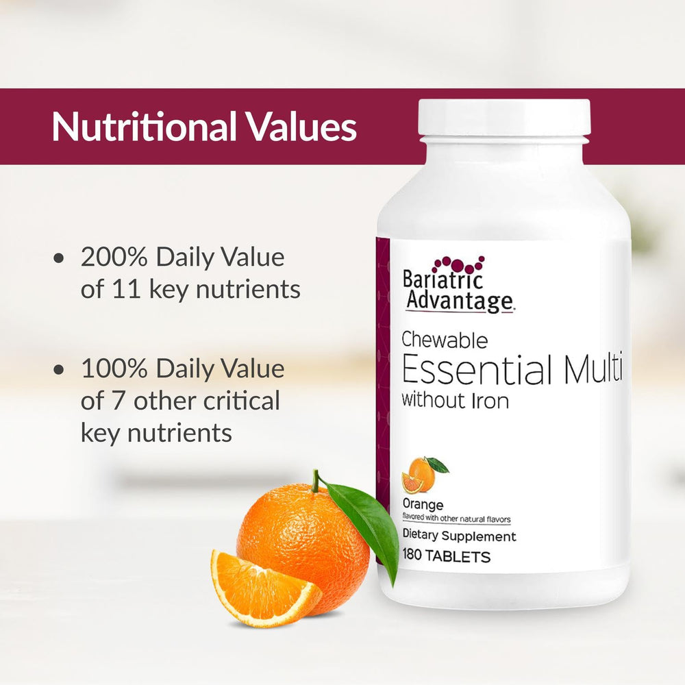 Orange-flavor Bariatric Advantage box beside a glass of water for daily use