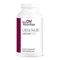 Bariatric Advantage Ultra Multi with Iron capsules in bottle for post-surgery nutrition support.