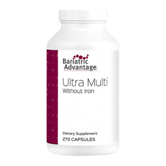 Bariatric Advantage Ultra Multi Without Iron bottle on counter showing packaging for daily nutrition support.