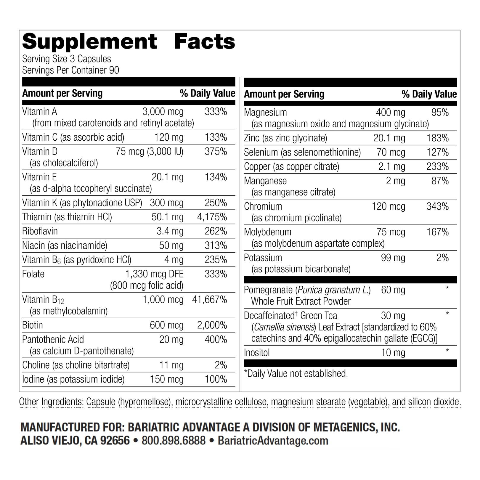 Label highlights calcium and vitamin C content for Bariatric Advantage users.