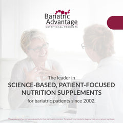Two Bariatric Advantage Ultra Multi Without Iron capsules with water illustrating divided daily dosing.