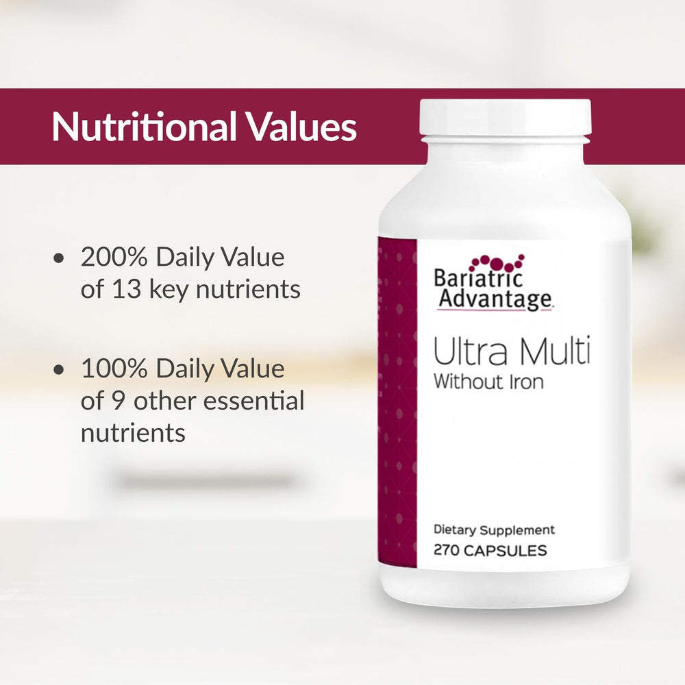 Ingredients list shows D3 and water-miscible form in Bariatric Advantage Ultra Multi Without Iron.