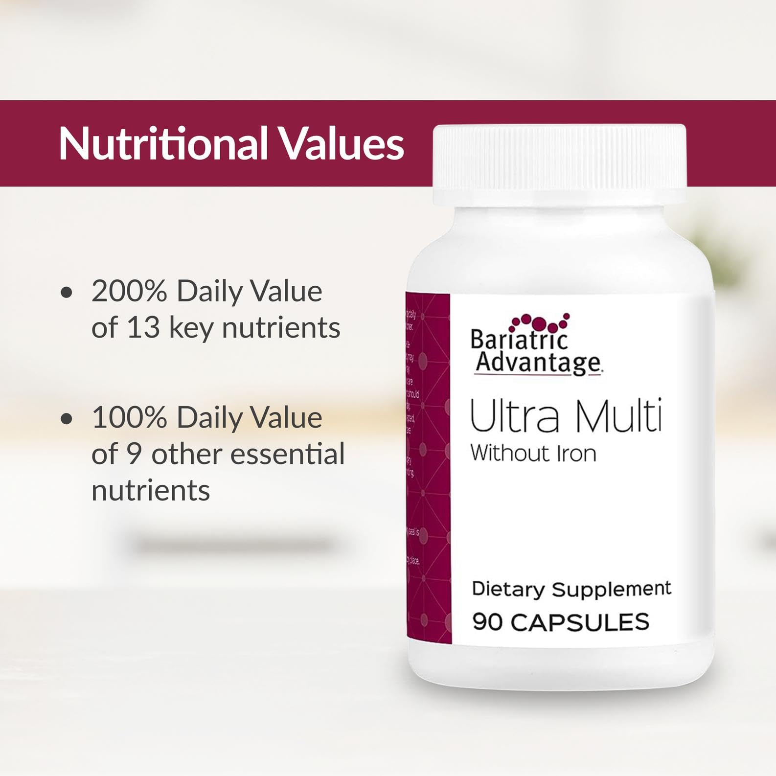 Bariatric Advantage Ultra Multi Without Iron nutrition chart highlighting key nutrients