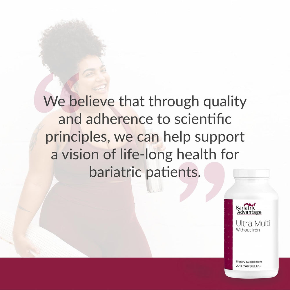 Hand holding Bariatric Advantage Ultra Multi Without Iron capsules for on-the-go supplementation.