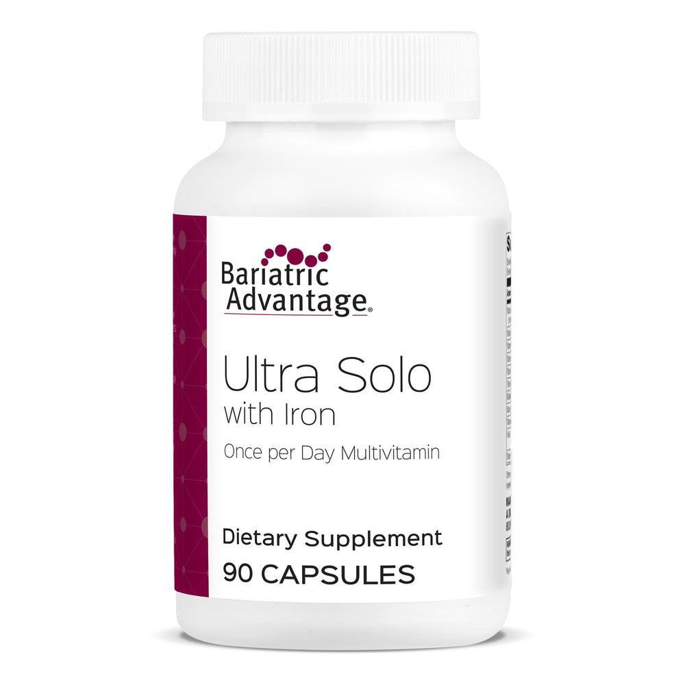 Bariatric Advantage Ultra Solo with Iron bottle and capsule close-up for daily bariatric nutrition.