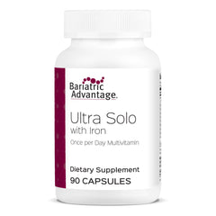 Bariatric Advantage Ultra Solo with Iron bottle and capsule close-up for daily bariatric nutrition.