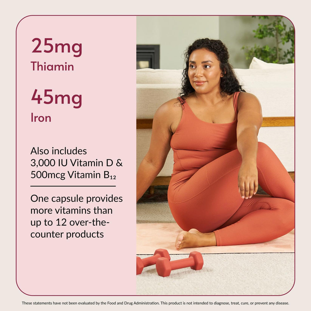 Nutrient-rich capsule with essential vitamins including thiamin and B12 visuals.