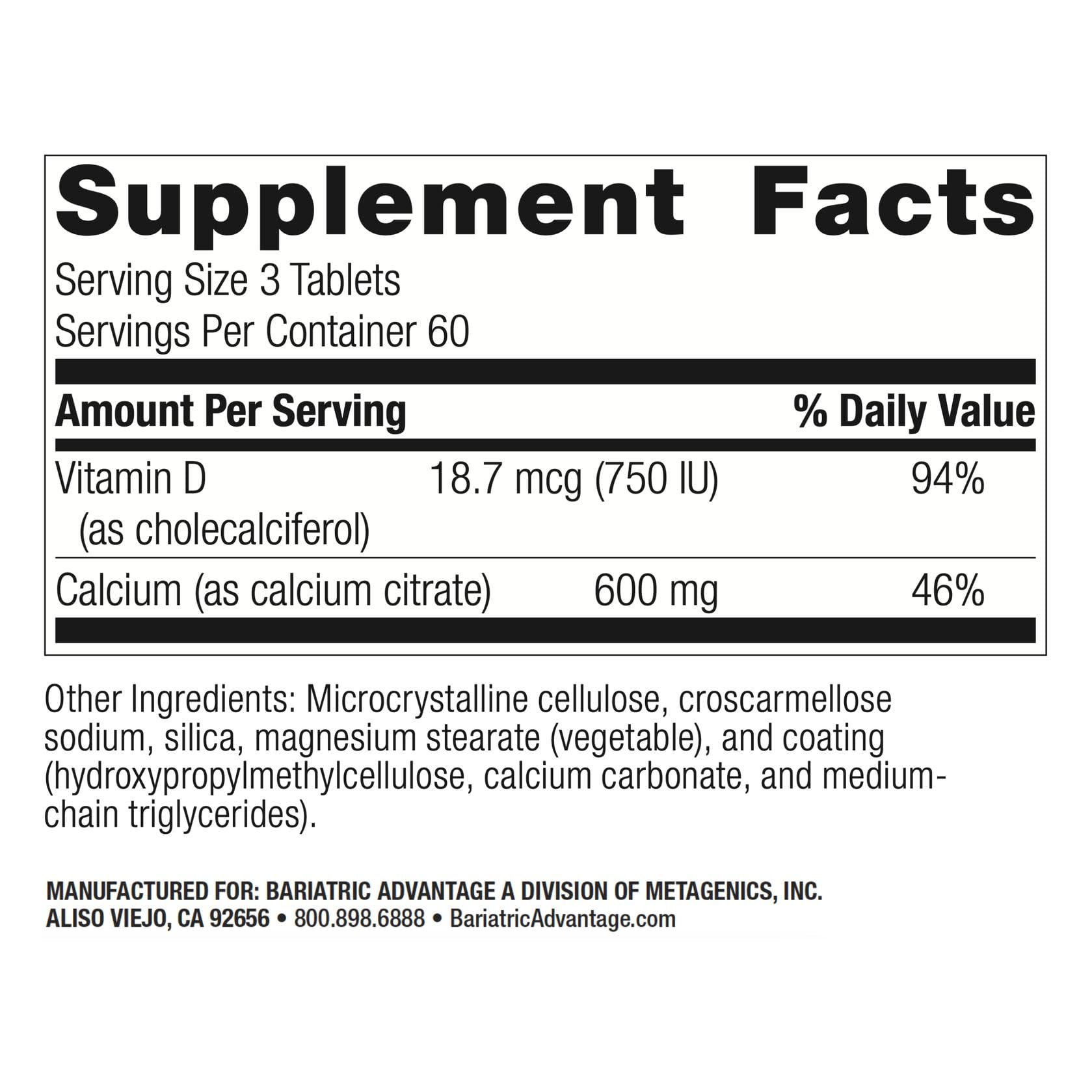 Bariatric Advantage vitamin D3 label on calcium citrate tablets for absorption.