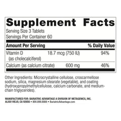 Bariatric Advantage vitamin D3 label on calcium citrate tablets for absorption.