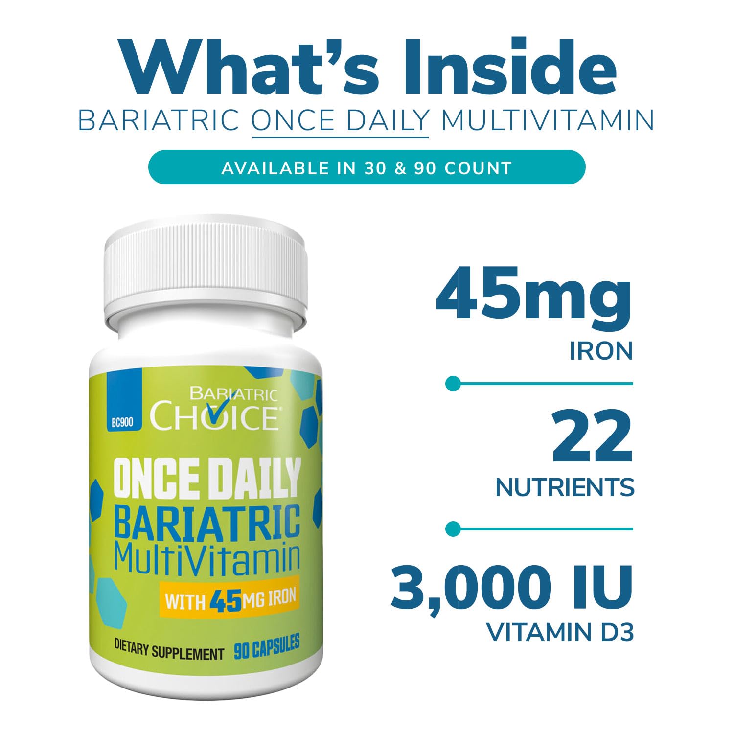 Bariatric Choice ONCE DAILY bottle of capsules on a kitchen counter.
