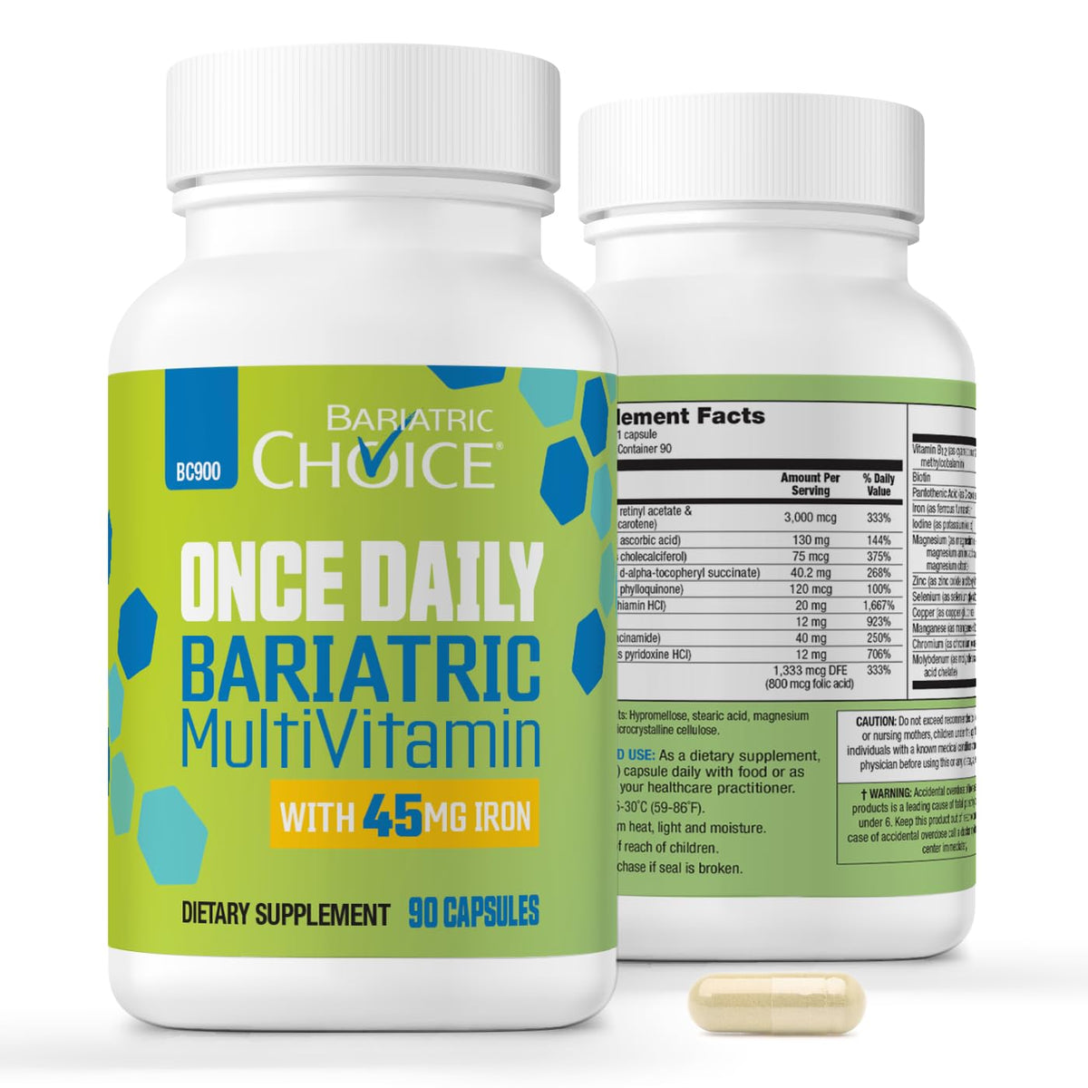 Bariatric Choice Once Daily multivitamin capsule close-up, easy to swallow.