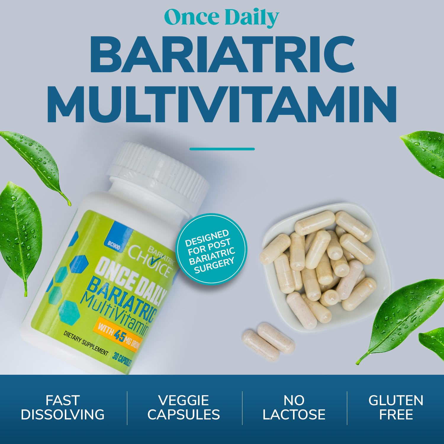 Bariatric Choice ONCE DAILY labeling highlighting iron 45 mg.