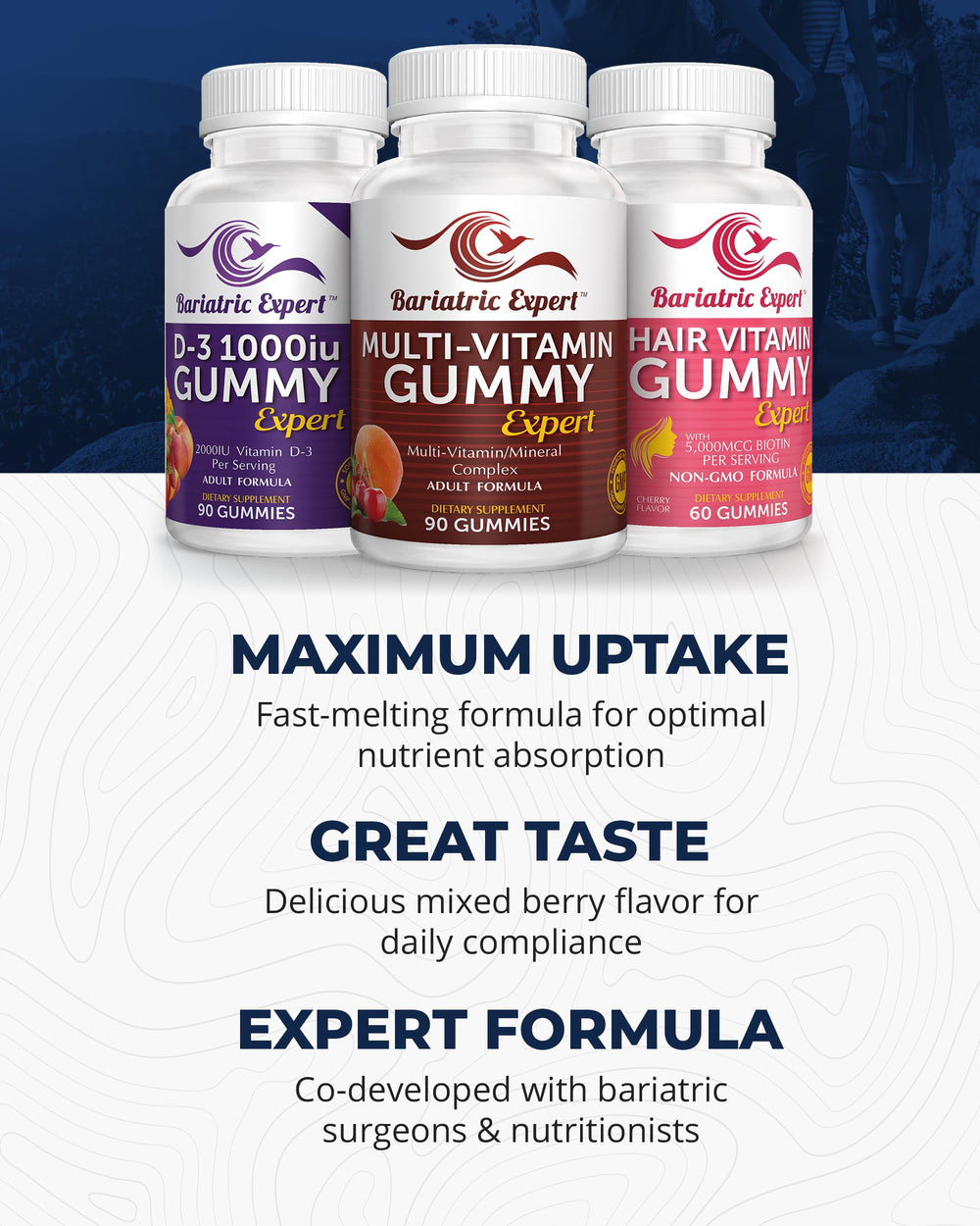 Bariatric Food Expert Hair Vitamin Gummy 60 chews highlighted for hair nourishment benefits.