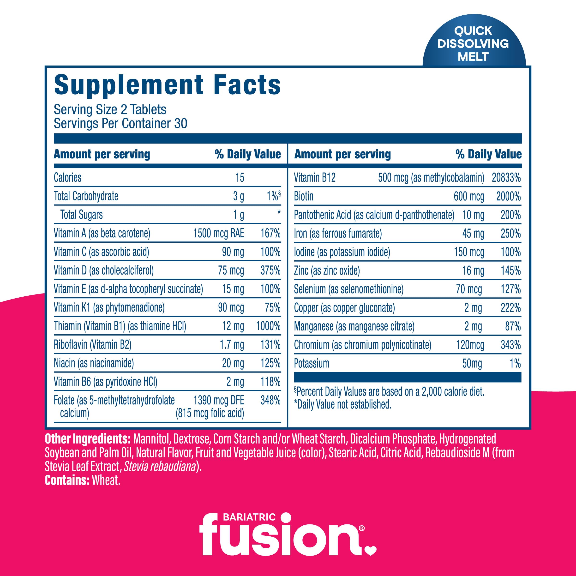 60 fast-dissolving tablets from Bariatric Fusion for simple twice-daily routine.