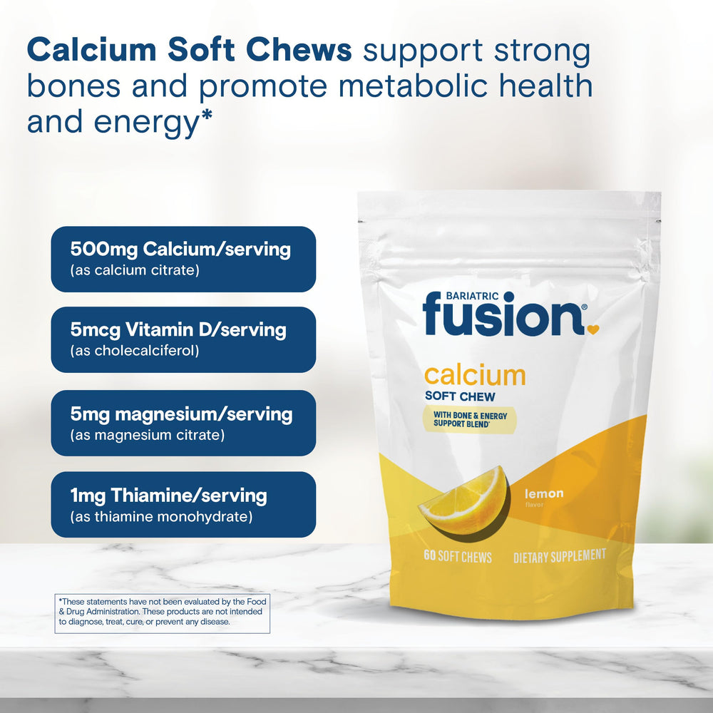 60-count Bariatric Fusion calcium chews bottle on countertop.