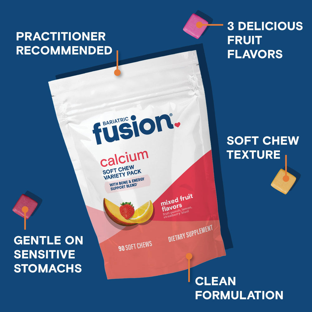 Fruit-flavored Bariatric Fusion calcium chews packaging highlights minerals