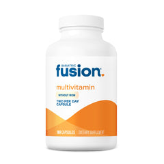 Bariatric Fusion iron-free multivitamin bottle front shows essential post-surgery nutrition