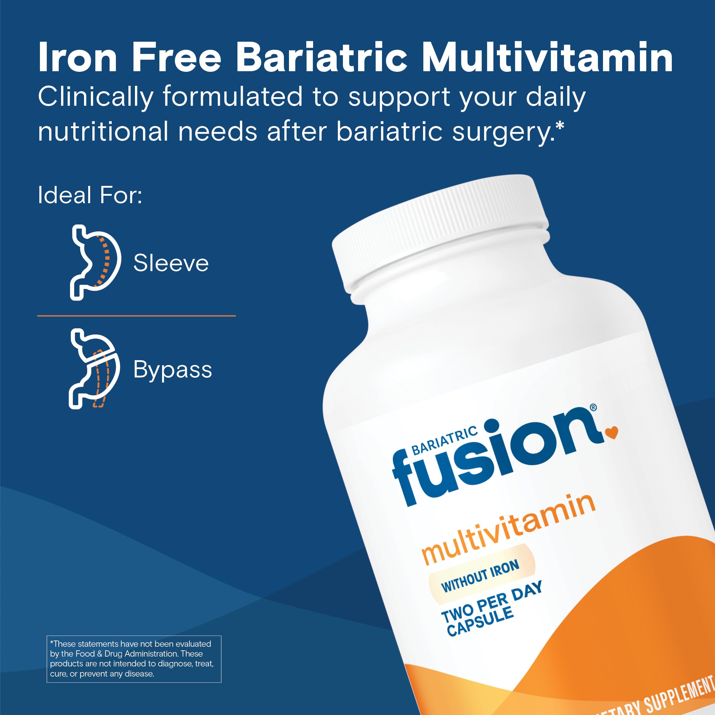 Bariatric Fusion capsules closeup highlighting iron-free formula and absorption benefits